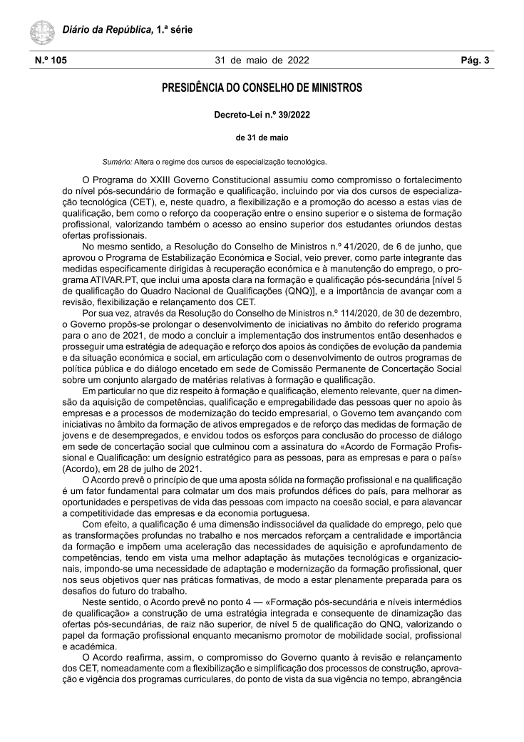 Decreto-Lei n.º 39/2022, de 31 de maio