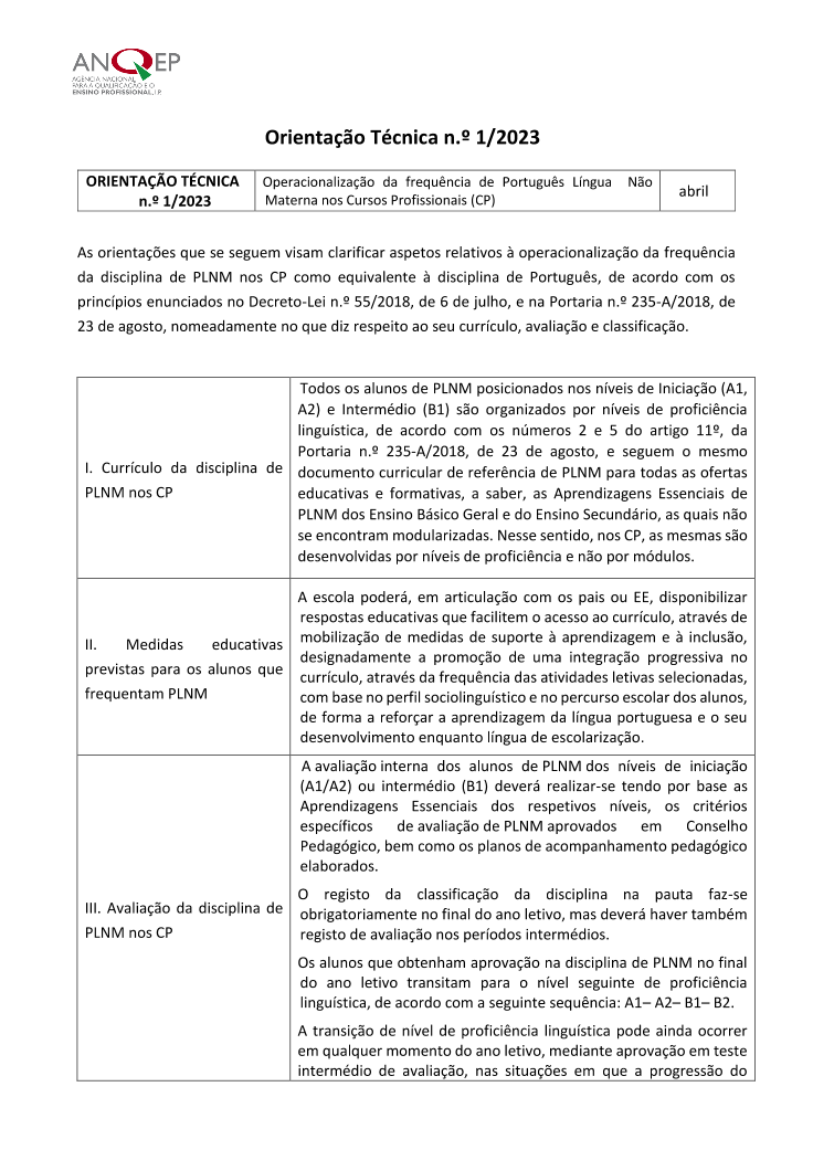 Orientação Técnica n.º1/2023 - Português Língua Não Materna